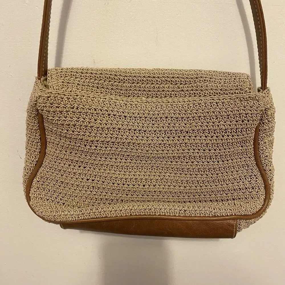 Women Y2K Crocheted BeigeBrown Shoulder HandBag CrossbodyPurse Woven FauxLeather